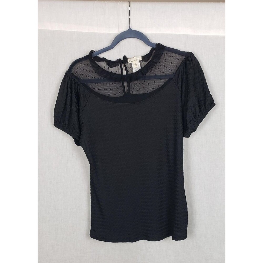 Emi & Joe Blouse M Black Sheer Swiss Dot Mesh Yoke WhimsiGoth Dark Fairy Witchy‎